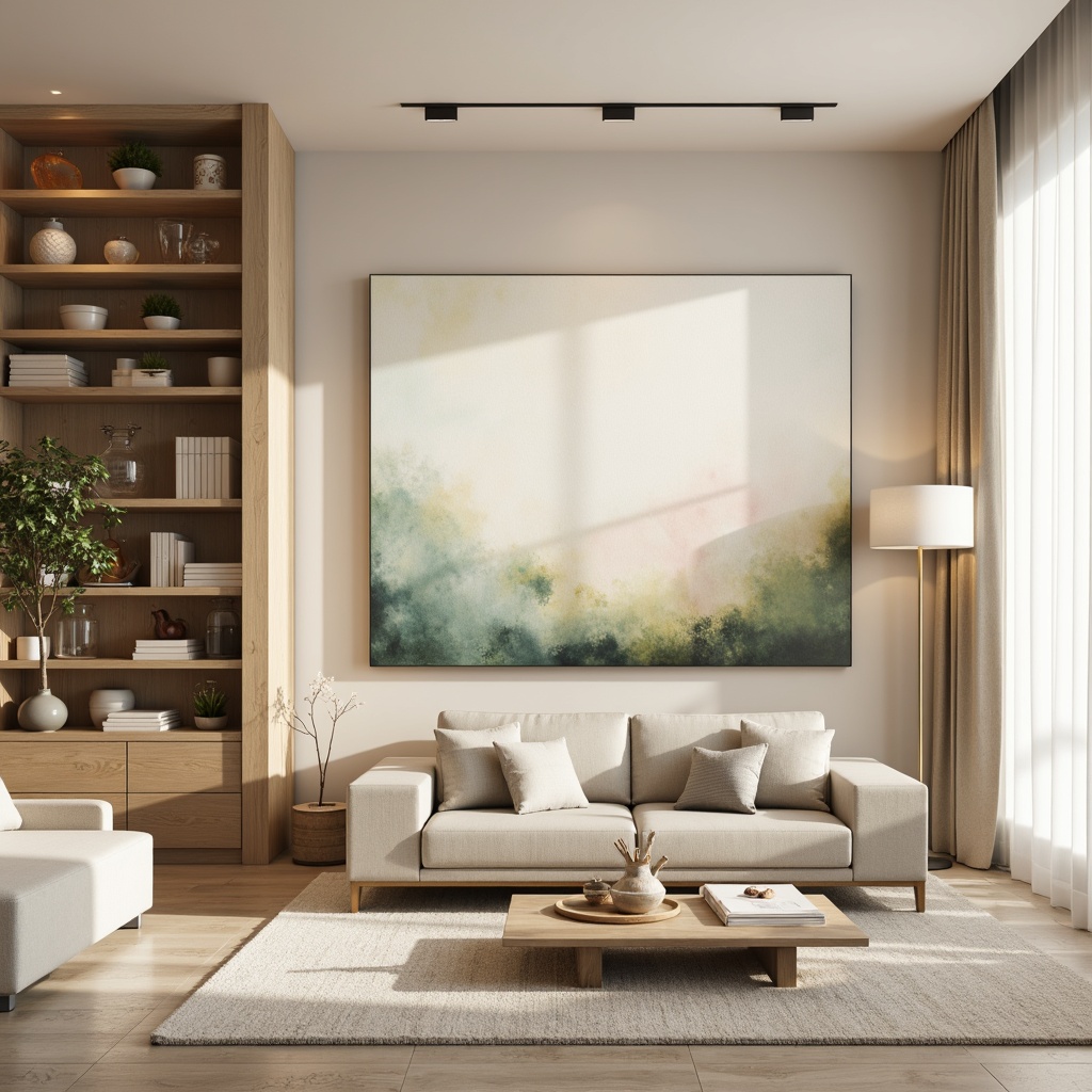 Prompt: Soft pastel hues, gentle gradient transitions, calming atmosphere, natural earth tones, creamy whites, warm beige, soothing blues, muted greens, rich wood accents, luxurious velvet textures, subtle sheen, elegant metallic details, refined minimalism, sophisticated modern aesthetic, balanced composition, 2/3 rule, atmospheric perspective, soft focus, warm golden lighting, realistic material rendering.