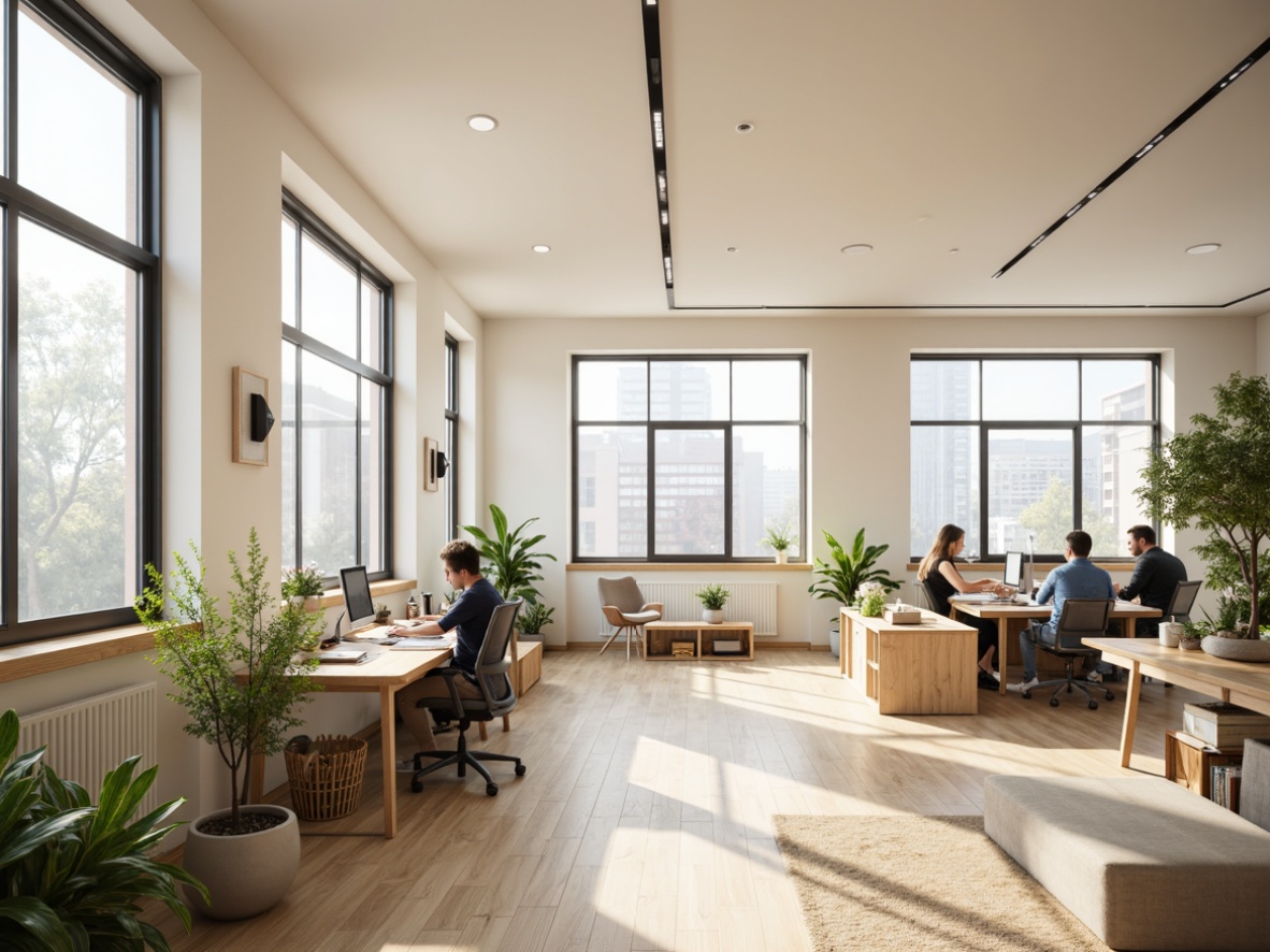 Prompt: Bright Nordic office space, large windows, minimal obstacles, wooden floors, light-colored walls, minimalist decor, abundant natural light, comfortable workstations, ergonomic chairs, green plants, subtle textures, warm beige tones, cozy atmosphere, soft diffused lighting, 1/1 composition, realistic rendering, ambient occlusion.