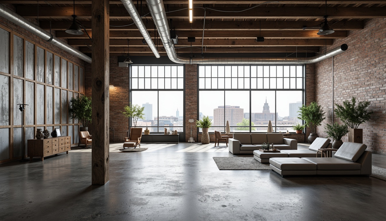 Prompt: Exposed ductwork, polished concrete floors, industrial steel beams, rough-hewn wooden accents, reclaimed metal cladding, distressed brick walls, urban cityscape views, modern minimalist decor, functional raw spaces, high ceilings, oversized windows, natural light, gritty textures, monochromatic color schemes, brutalist architectural elements, functional simplicity, utilitarian aesthetic.