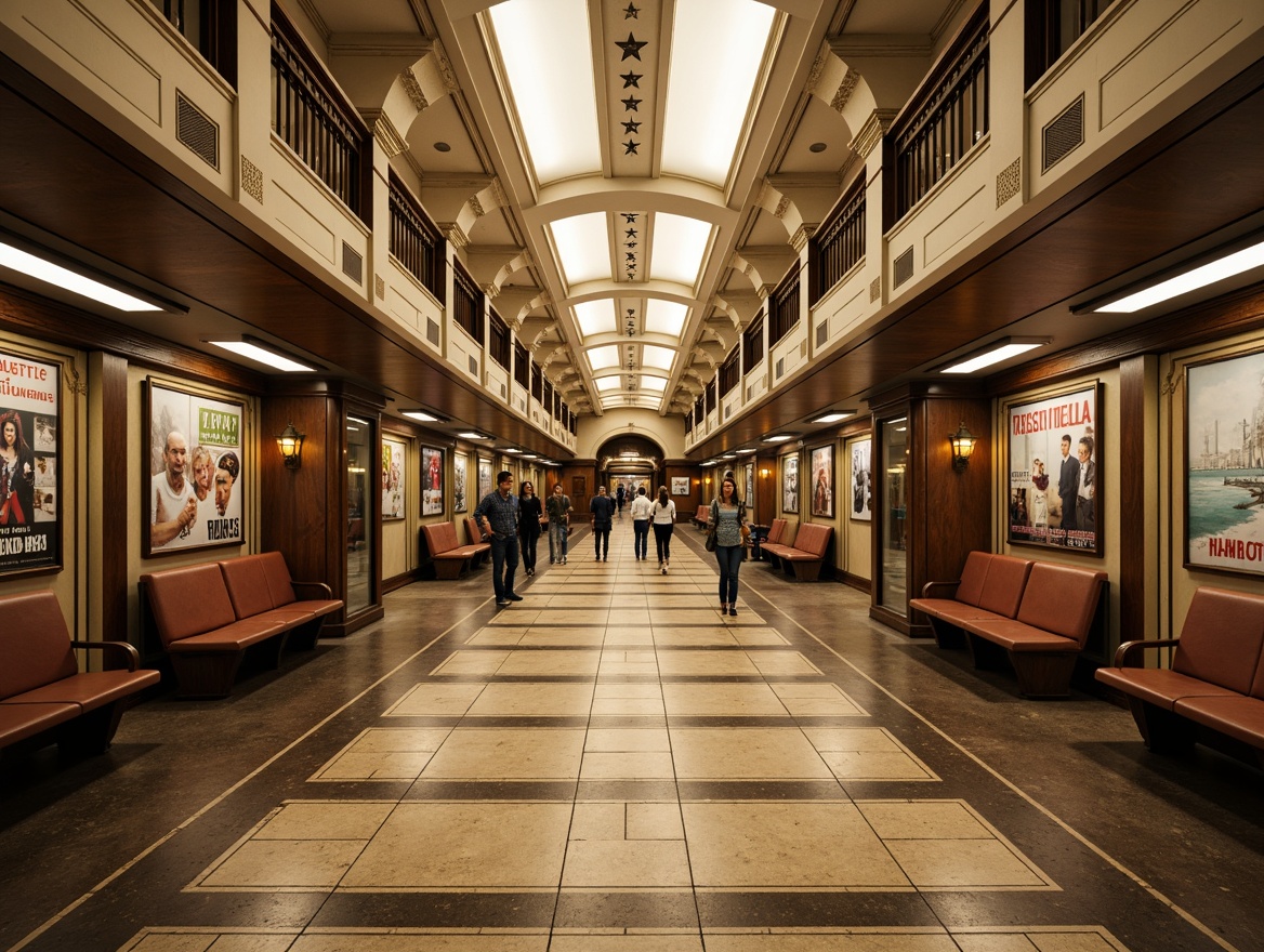 Prompt: Vintage metro station, traditional ornate details, grand high ceilings, intricate moldings, ornamental railings, polished brass fixtures, warm soft lighting, Terrazzo flooring, marble inlays, granite platforms, ceramic subway tiles, mosaic patterns, classic wooden benches, nostalgic advertisements, retro-style signage, subtle arches, subtle curves, shallow depth of field, 1/1 composition, realistic textures, ambient occlusion.