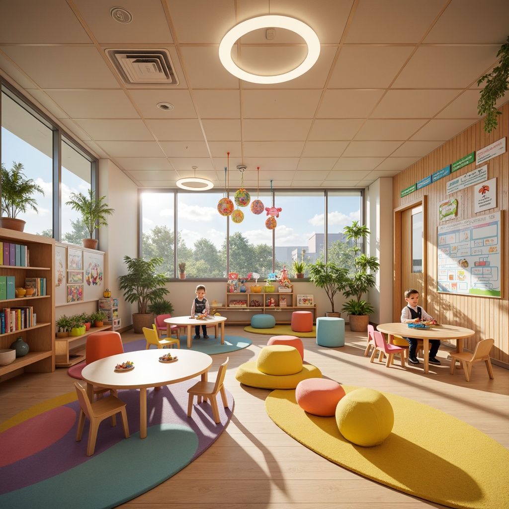 Prompt: Vibrant kindergarten interior, soft warm lighting, colorful furniture, playful decorations, circular tables, tiny chairs, educational wall art, interactive display boards, cozy reading nooks, natural wood accents, pastel color scheme, gentle glow fixtures, whimsical pendant lights, rounded corners, safe flooring materials, acoustic ceiling panels, collaborative learning spaces, imaginative play areas, flexible seating arrangements, calming ambiance, shallow depth of field, 1/1 composition, warm white lighting, realistic textures.