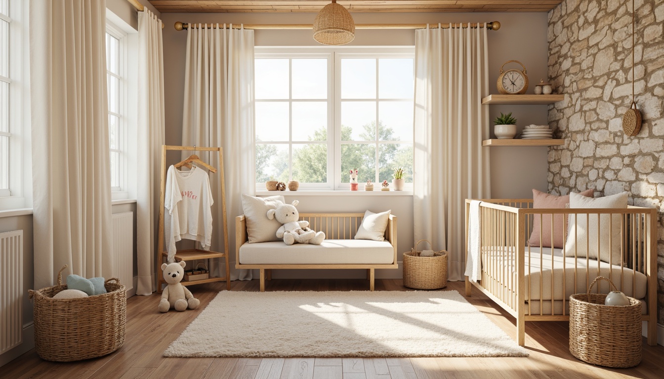 Prompt: Whimsical baby nursery, soft pastel colors, plush toys, delicate lace curtains, warm wooden cribs, gentle cream carpets, textured stone walls, natural woven baskets, rattan furniture, organic cotton fabrics, soothing ambiance, cozy reading nook, oversized stuffed animals, creamy whites, pale pinks, baby blue hues, serene atmosphere, warm golden lighting, shallow depth of field, 1/1 composition, realistic textures, ambient occlusion.