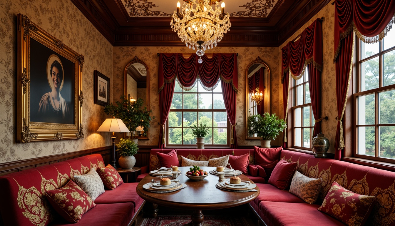 Prompt: Richly ornamented breakfast nook, luxurious velvet fabrics, golden embroidered patterns, intricately carved wooden furniture, ornate mirrors, lavish crystal chandeliers, soft warm lighting, intimate cozy atmosphere, plush cushions, intricate lace trim, majestic drapery, vibrant jewel-toned colors, heavily textured brocade, regal upholstery, opulent tassels, decorative fringe, sophisticated elegant design, highly detailed ornaments.