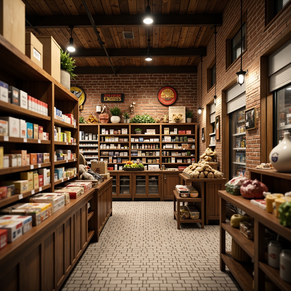 Prompt: Rustic traditional grocery store, warm earthy tones, natural wood accents, vintage metal signs, distressed brick walls, classic black and white tile floors, nostalgic product displays, rich red and gold brand logos, inviting warm lighting, shallow depth of field, 1/1 composition, realistic textures, ambient occlusion.