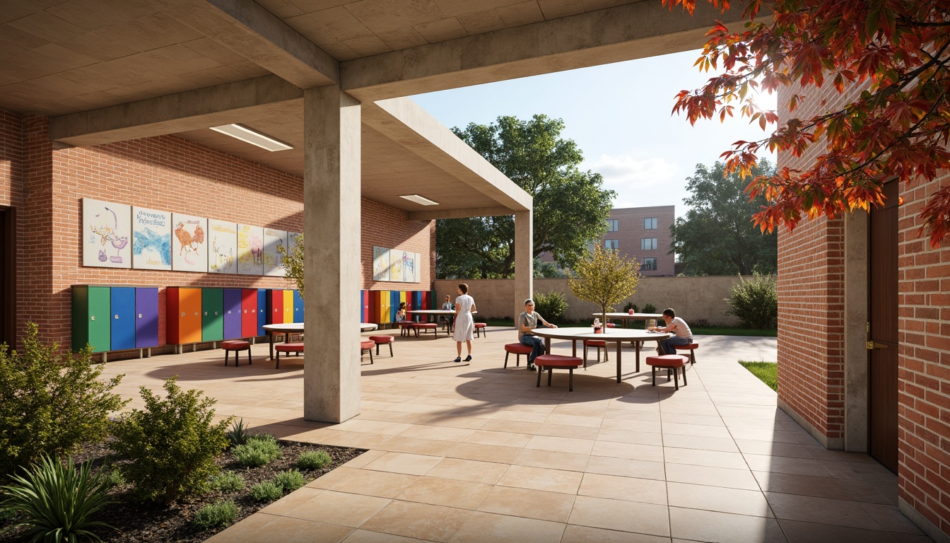 Prompt: Vibrant elementary school, exposed brick walls, polished wooden floors, colorful lockers, playful murals, interactive displays, collaborative workspaces, ergonomic chairs, natural light pouring, softbox lighting, shallow depth of field, 1/2 composition, realistic textures, ambient occlusion, lush greenery, blooming flowers, sunny day.