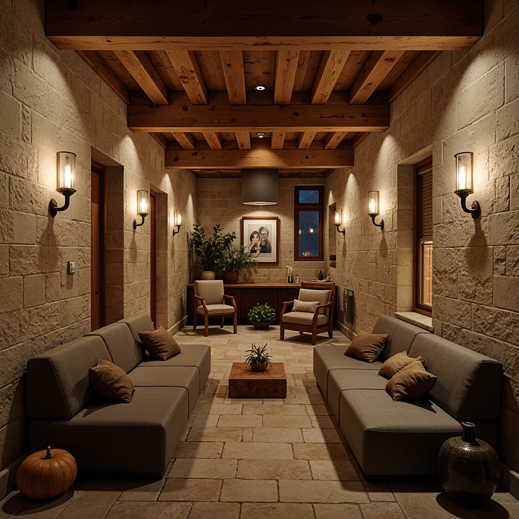 Prompt: Cozy basement, warm earthy tones, rich wood accents, soft beige walls, calming blue undertones, natural stone flooring, comfortable seating areas, rustic metal decor, vintage lighting fixtures, intimate ambiance, warm candlelight, subtle texture contrast, inviting atmosphere, 1/2 composition, shallow depth of field, realistic textures, ambient occlusion.