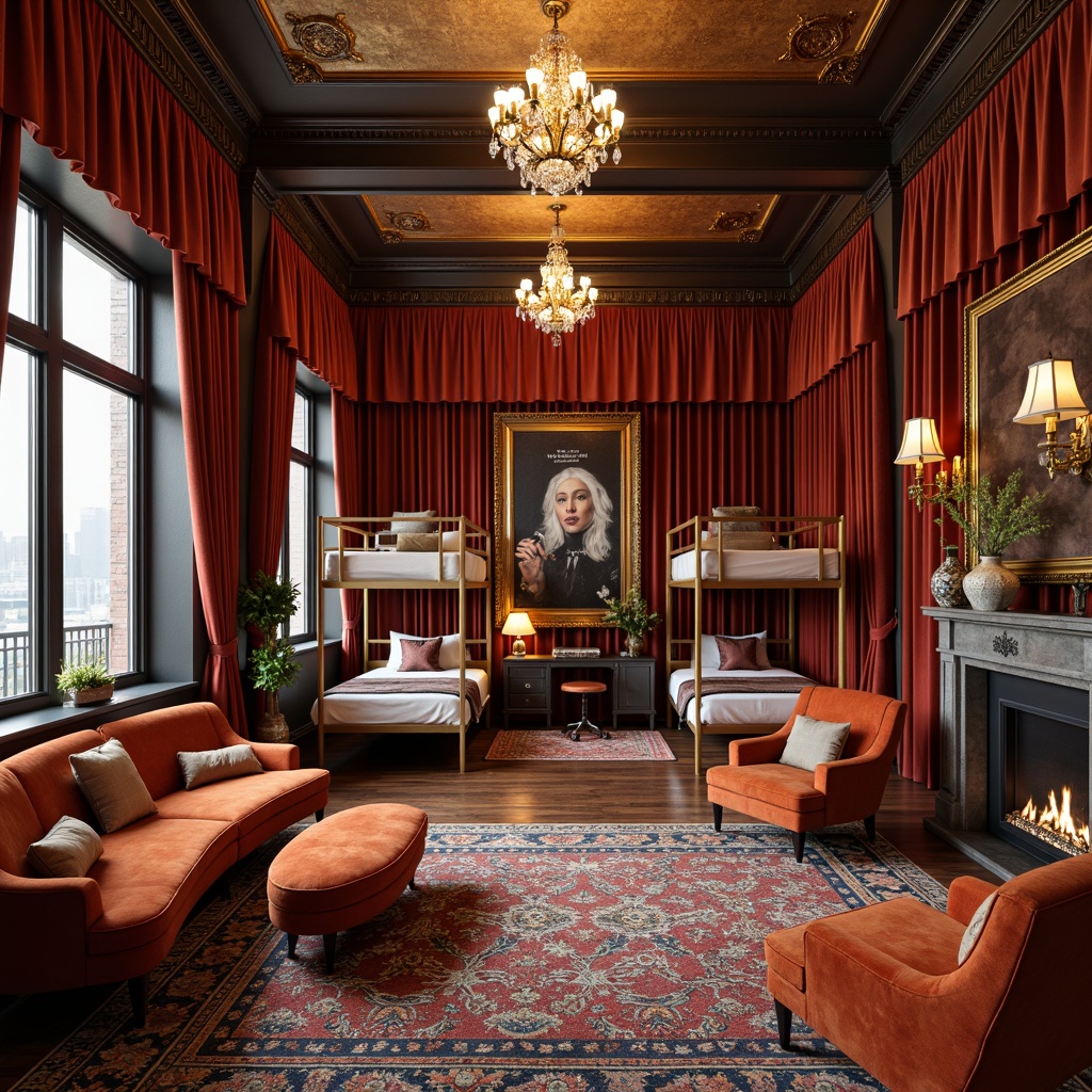 Prompt: Luxurious dormitory, opulent furnishings, velvet drapes, polished wooden floors, geometric patterned rugs, ornate metal frames, crystal chandeliers, plush armchairs, kidney-shaped desks, curved sofas, tufted ottomans, metallic accents, bold color schemes, lavish textiles, intricate moldings, ornamental mirrors, rich wood tones, vintage posters, sleek modern amenities, subtle warm lighting, shallow depth of field, 1/1 composition, realistic reflections.