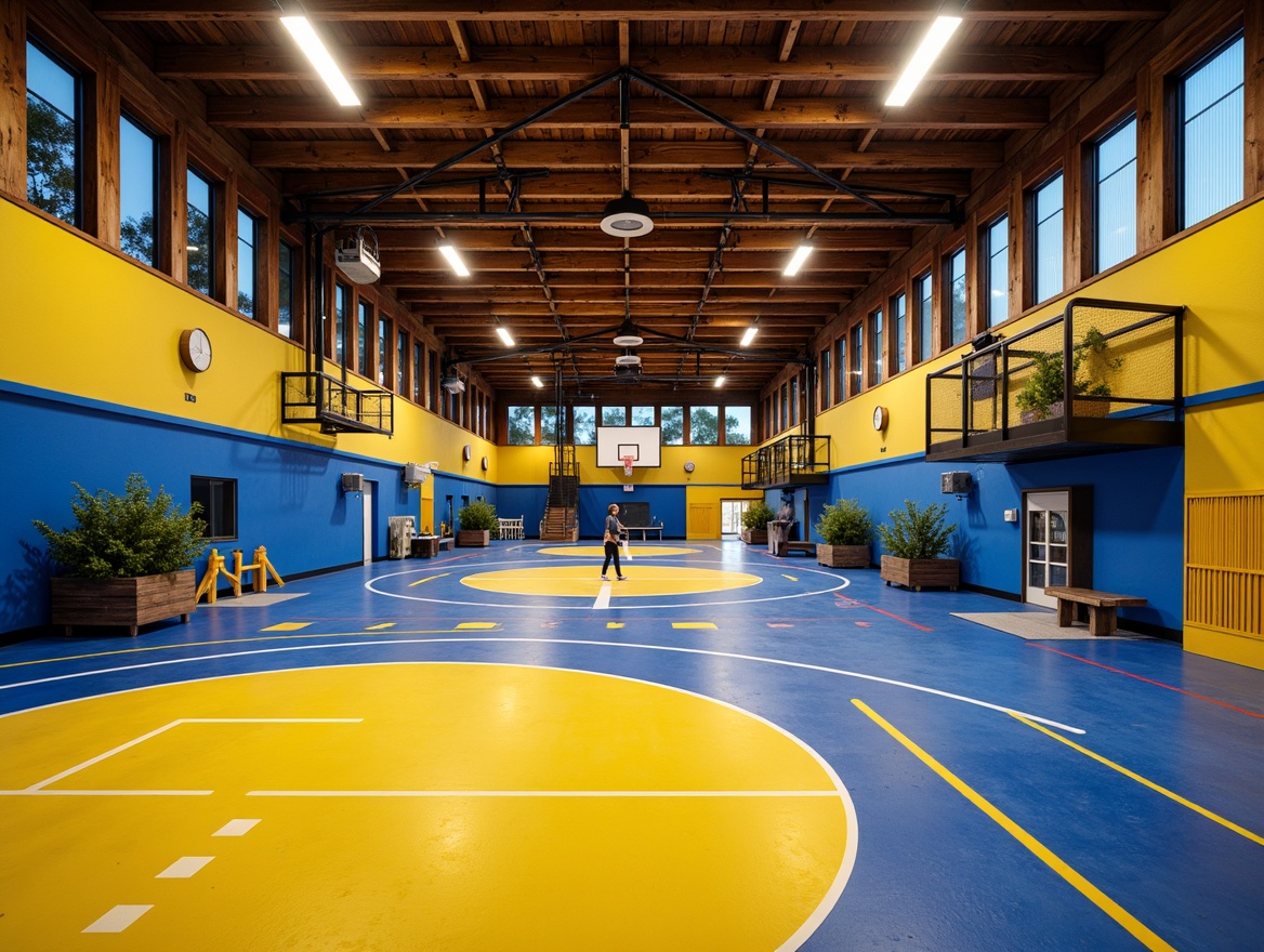 Prompt: Vibrant gymnasium interior, bold color blocking, bright neon accents, dynamic athletic tracks, modern sports equipment, sleek flooring, geometric patterned walls, energetic yellow tones, deep blue hues, warm wooden accents, industrial metal beams, suspended LED lighting, dramatic shadows, high-contrast textures, 1/2 composition, atmospheric perspective, realistic reflections.