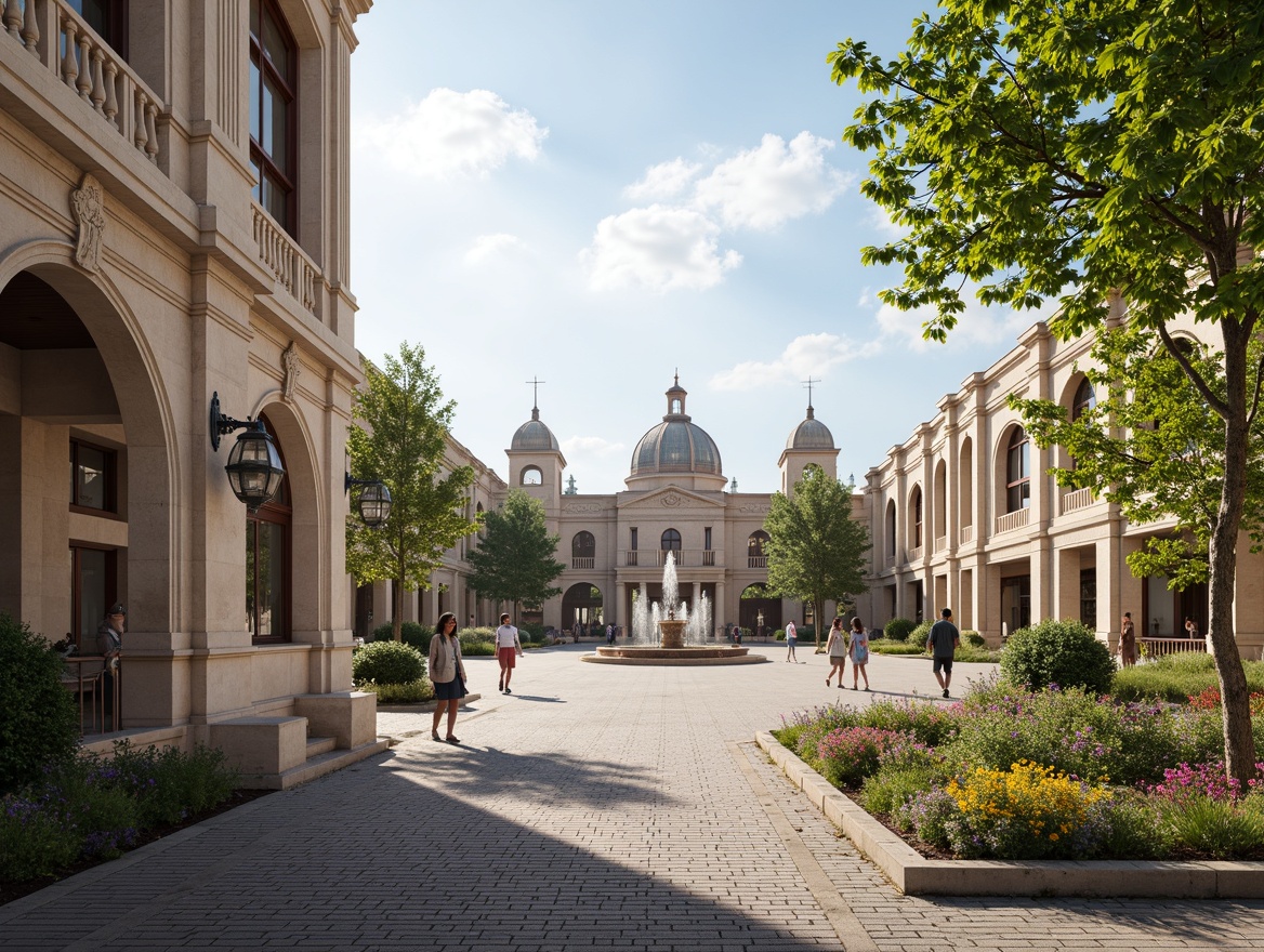 Prompt: Grand communal plaza, ornate columns, neoclassical arches, intricate carvings, majestic statues, symmetrical facades, limestone buildings, elegant fountains, lush greenery, vibrant flowers, pedestrian walkways, cobblestone streets, warm sunny day, soft natural lighting, shallow depth of field, 3/4 composition, panoramic view, realistic textures, ambient occlusion.