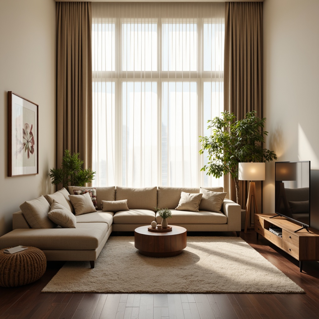 Prompt: Cozy living room, plush sectional sofa, warm beige upholstery, comfortable pillows, wooden coffee table, elegant lamp shades, soft cream curtains, calming natural light, modern minimalist decor, sleek low-profile TV stand, luxurious area rug, rich walnut wood accents, subtle texture contrasts, inviting ambiance, relaxed seating arrangement, soothing color palette, balanced composition, shallow depth of field.