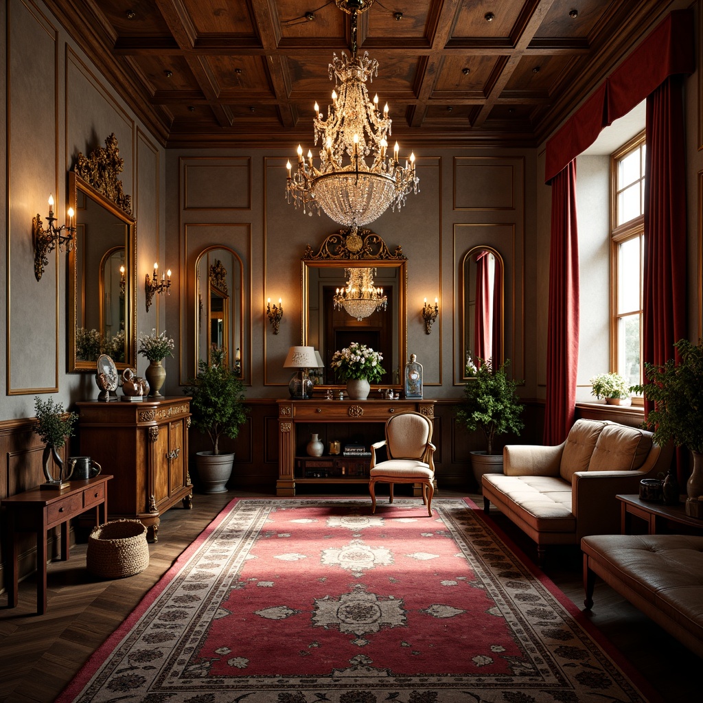 Prompt: Elegant home gym, ornate mirrors, gold accents, crystal chandeliers, soft warm lighting, lavish furnishings, velvet drapes, luxurious carpets, Baroque-inspired decor, grandiose ceiling fixtures, rustic wood beams, antique equipment, vintage accessories, regal color palette, dramatic shadows, high-contrast lighting, 1/1 composition, close-up shots, realistic textures, subtle ambient occlusion.