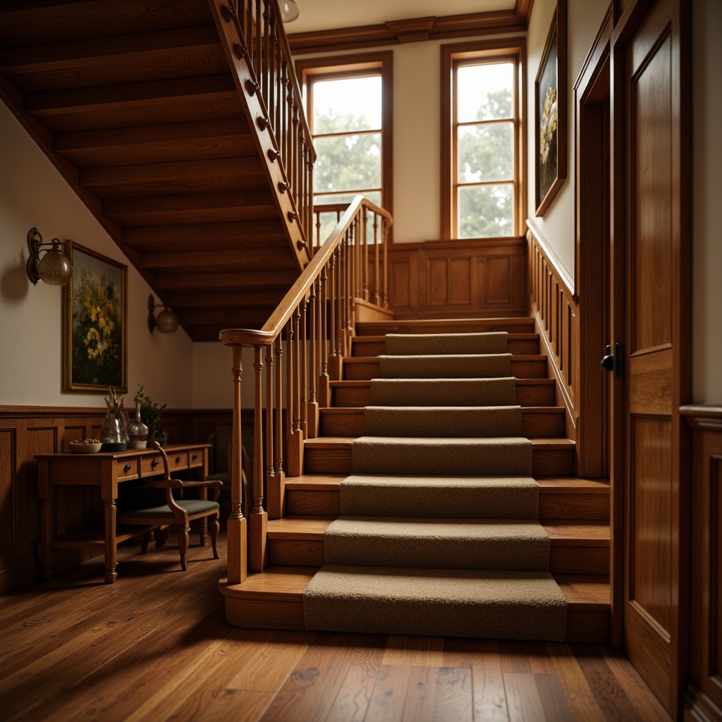 Prompt: \Elegant staircase, hardwood flooring, warm oak tones, glossy finish, curved railings, ornate balusters, luxurious carpeting, soft pile, subtle sheen, stairway landing, inviting atmosphere, cozy ambiance, dramatic lighting, low-angle shot, shallow depth of field, 1/2 composition, realistic textures, ambient occlusion.\