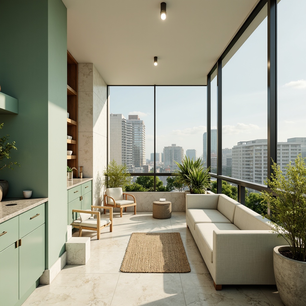 Prompt: Celadon-inspired penthouse, soft mint green walls, creamy white accents, warm beige marble floors, subtle grey stone countertops, elegant bronze fixtures, minimal modern furniture, lush greenery, floor-to-ceiling windows, panoramic city views, bright natural light, shallow depth of field, 1/1 composition, realistic textures, ambient occlusion.