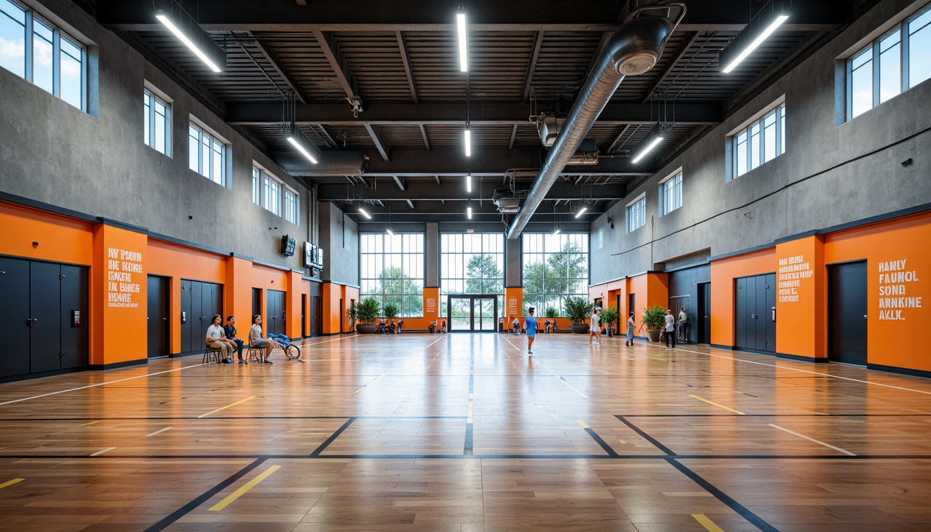 Prompt: Modern gymnasium interior, athletic atmosphere, bright color scheme, glossy epoxy paint, matte acoustic panels, textured concrete walls, exposed ductwork, steel beams, polished wooden floors, sporty graphic decals, motivational quotes, dynamic lighting fixtures, high-ceiling, open space, panoramic views, realistic reflections, ambient occlusion.