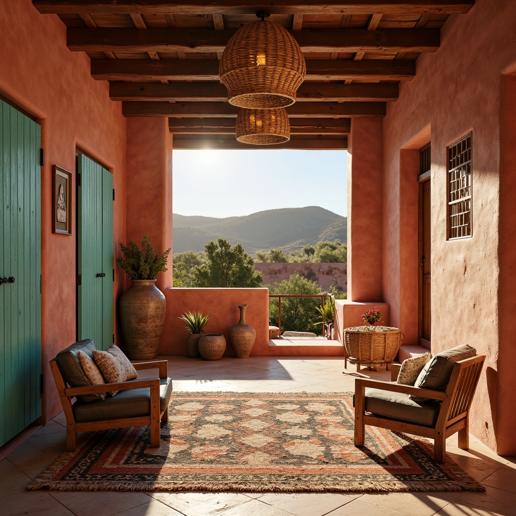 Prompt: Vibrant turquoise accents, earthy adobe red walls, warm beige floors, rustic wooden furniture, woven Native American patterns, natural fiber textiles, geometric tribal motifs, sunny desert landscape, cacti silhouettes, bold terracotta vases, distressed leather armchairs, woven basket light fixtures, soft golden lighting, 1/1 composition, intimate atmospheric mood, realistic textures, ambient occlusion.