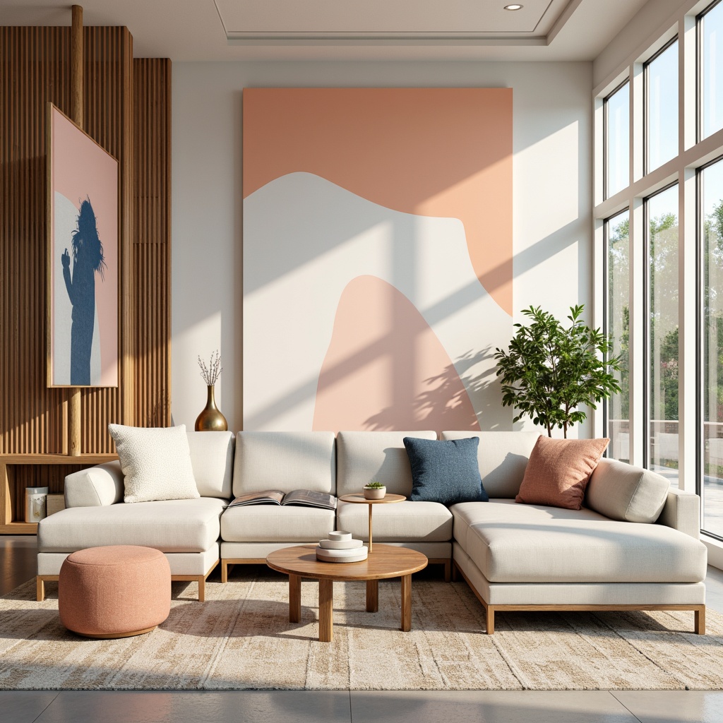 Prompt: Vibrant modern interior, sleek minimalist furniture, pastel color scheme, soft peach tones, calming blue hues, creamy whites, rich wood accents, metallic gold details, natural textiles, abstract geometric patterns, trendy Scandinavian aesthetic, bright airy atmosphere, large windows, abundant natural light, shallow depth of field, 1/2 composition, warm inviting glow.