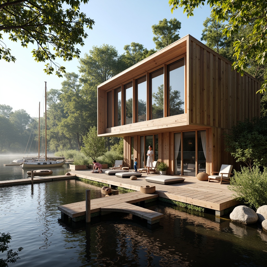 Prompt: Waterfront boathouse, rustic wooden docks, nautical ropes, sailboats, rippling lake waters, surrounding lush greenery, towering trees, warm sunny day, soft diffused lighting, clerestory windows, skylights, sliding glass doors, open floor plan, minimalist decor, natural textiles, reclaimed wood accents, cozy reading nooks, plush furnishings, ambient shadows, shallow depth of field, 1/1 composition, realistic reflections, misty atmosphere.