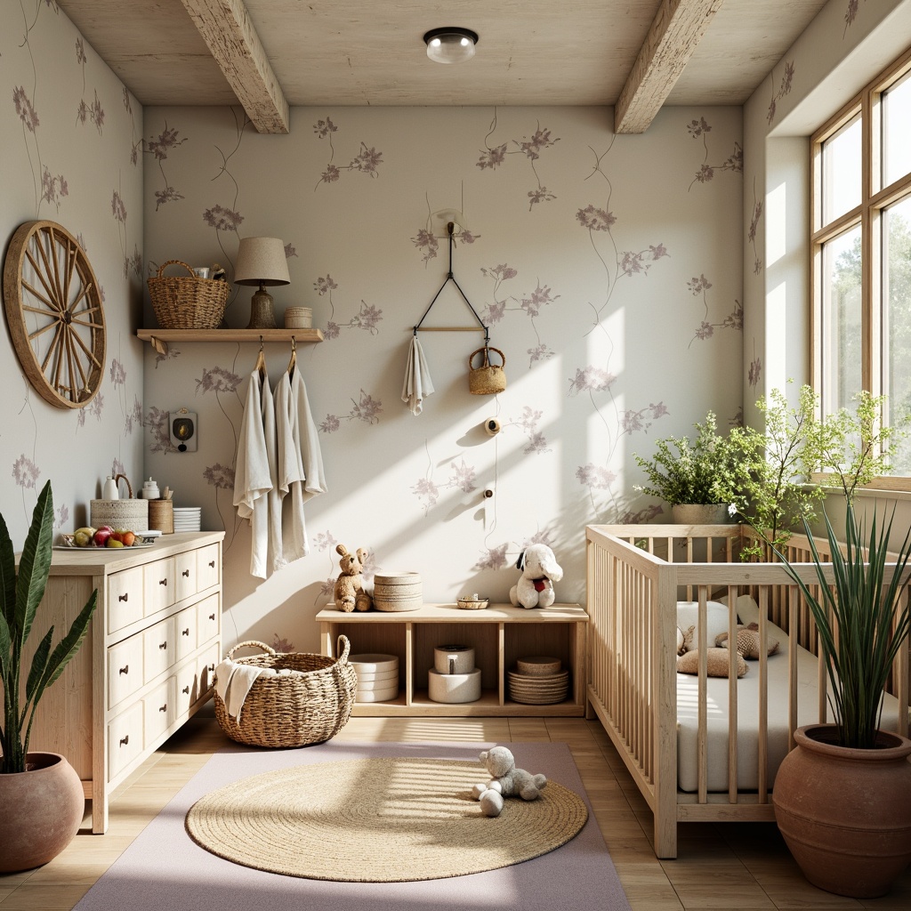 Prompt: Whimsical baby nursery, distressed wood accents, vintage floral patterns, soft creamy whites, warm beige tones, pale pastel hues, gentle lavender shades, rustic wooden cribs, plush toys, woven baskets, natural fiber rugs, antique metal fixtures, earthy terracotta pots, lush greenery, morning sunlight, soft focus, shallow depth of field, 1/1 composition, cozy atmosphere, inviting textures.