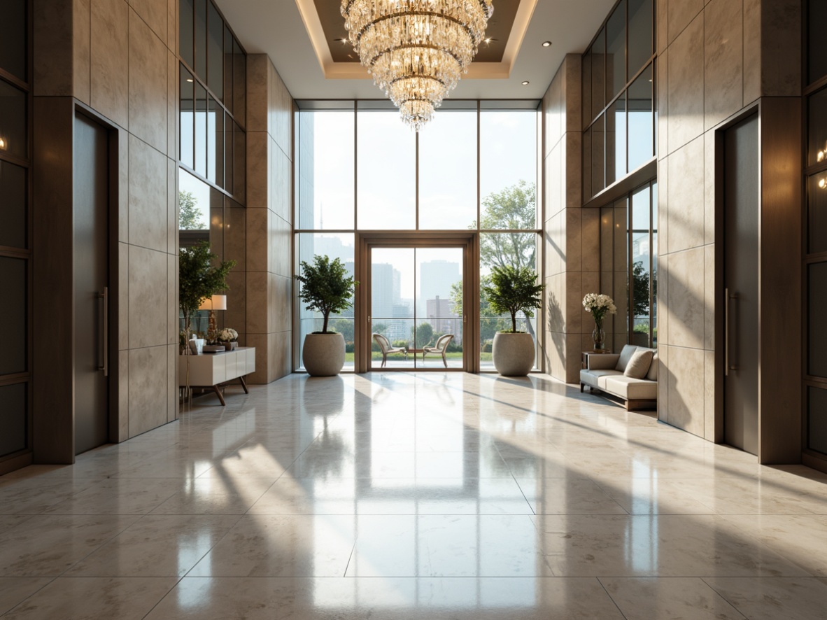 Prompt: Elegant entrance hall, spacious foyer, gleaming glass doors, transparent walls, minimalist metal frames, polished chrome handles, modern chandelier, luxurious marble flooring, soft diffused lighting, shallow depth of field, 1/2 composition, realistic reflections, ambient occlusion.