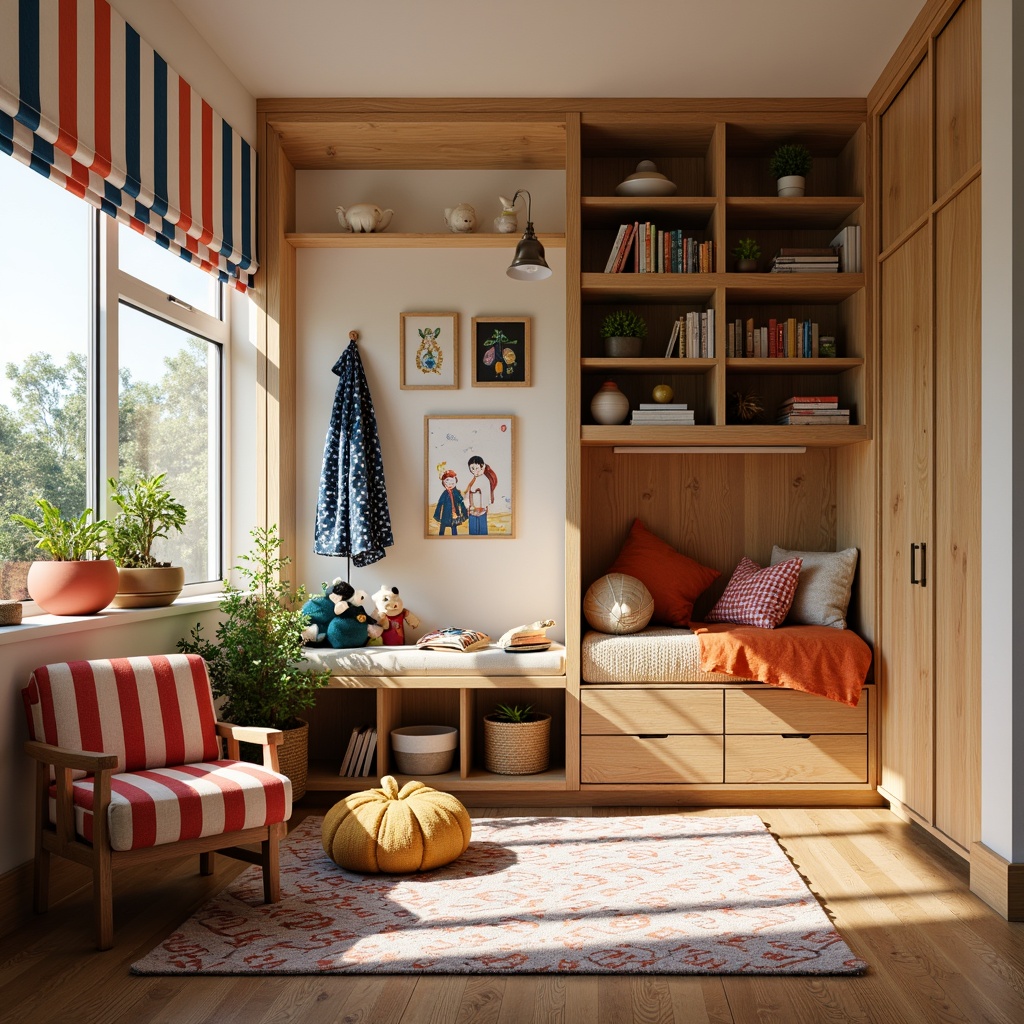 Prompt: Vibrant kid's room, mid-century modern style, wooden furniture, natural oak wood tones, plush area rug, geometric patterned textiles, bold colorful fabrics, whimsical illustrations, fun playful accents, retro-inspired decor, cozy reading nook, soft warm lighting, 1/1 composition, shallow depth of field, realistic textures, ambient occlusion.