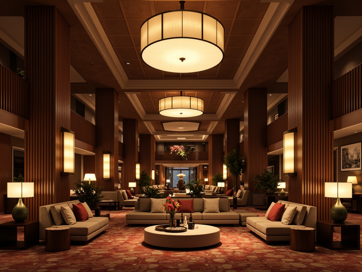 Prompt: Cozy hotel lobby, warm ambient lighting, soft glowing chandeliers, comfortable seating areas, plush carpeting, rich wood accents, luxurious furnishings, elegant decorative fixtures, inviting color palette, relaxing atmosphere, intimate corners, dramatic high ceilings, warm white lighting, subtle LED illumination, layered light sources, soft shadows, welcoming ambiance, modern hospitality design.