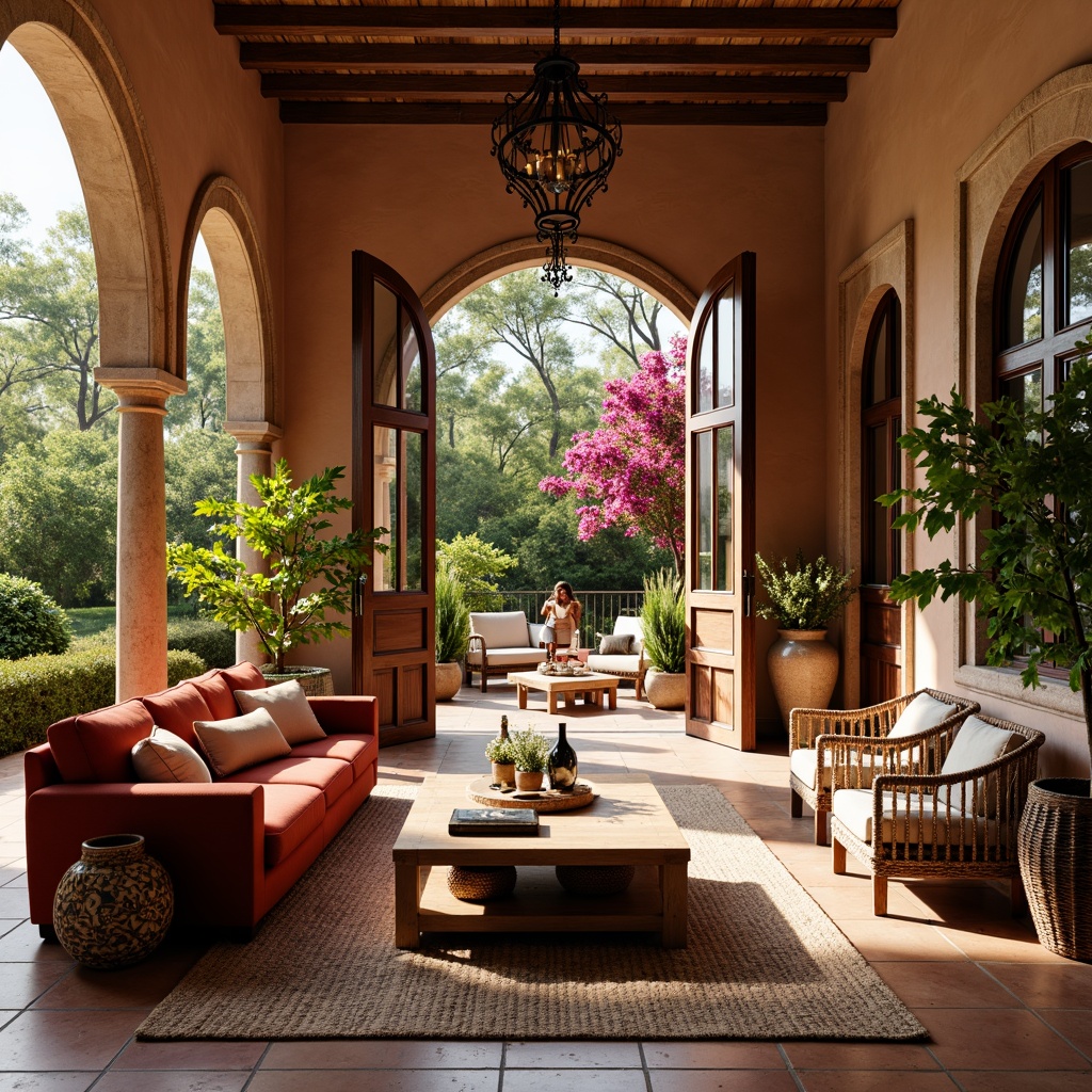 Prompt: Warm Mediterranean villa, ornate wooden doors, distressed stone walls, rustic terracotta floors, lush greenery, vibrant bougainvillea, curved lines, ornamental ironwork, plush velvet sofas, reclaimed wood coffee tables, woven wicker armchairs, colorful ceramic vases, natural fiber rugs, earthy tone color palette, warm golden lighting, shallow depth of field, 1/1 composition, realistic textures, ambient occlusion.