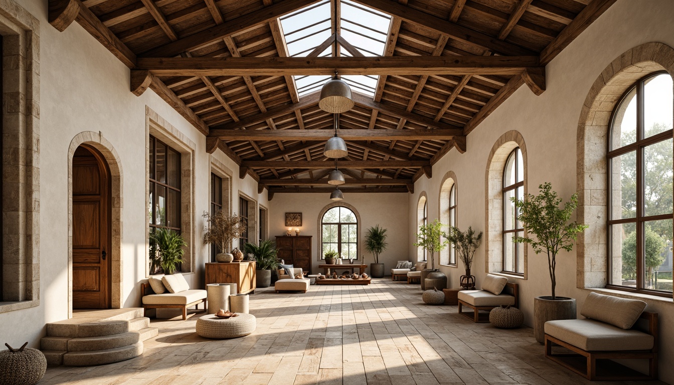 Prompt: Mediterranean-style warehouse interior, natural stone walls, wooden beams, rustic metal accents, earthy color palette, abundant natural lighting, large skylights, clerestory windows, industrial-chic pendant lamps, distressed wood floors, vintage factory decor, open-plan layout, spacious high ceilings, warm beige tones, soft diffused light, subtle shadows, 1/1 composition, realistic textures, ambient occlusion.