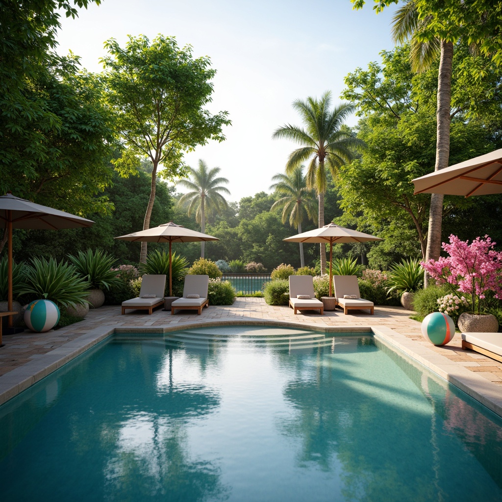 Prompt: Serene poolside ambiance, tranquil water reflections, lush greenery surroundings, vibrant tropical flowers, natural stone decking, wooden lounge chairs, umbrellas, colorful beach balls, refreshing misting systems, soft warm lighting, shallow depth of field, 3/4 composition, panoramic view, realistic textures, ambient occlusion.