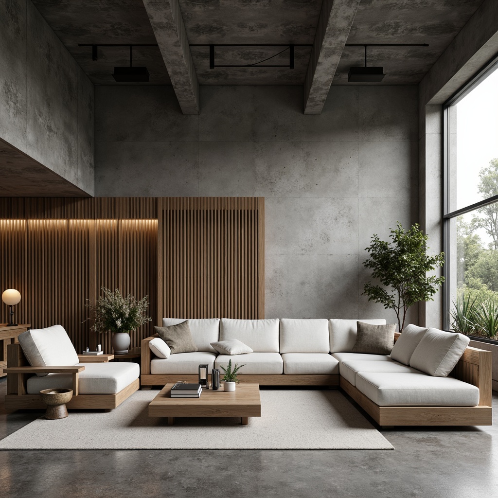 Prompt: Monochromatic living room, sleek low-profile furniture, minimalist decor, subtle textures, soft warm lighting, industrial chic accents, concrete floors, steel beams, reclaimed wood walls, Scandinavian-inspired design, natural fabrics, earthy color palette, 1/1 composition, shallow depth of field, realistic materials, ambient occlusion.