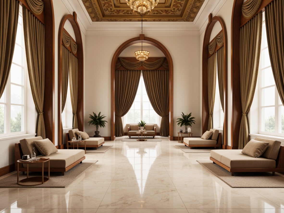 Prompt: Elegant pavilion interior, soft cream walls, rich walnut wood accents, ornate golden details, subtle beige marble floors, lavish velvet drapes, antique bronze fixtures, sophisticated neutral tones, warm candlelight ambiance, shallow depth of field, 1/1 composition, realistic textures, ambient occlusion.