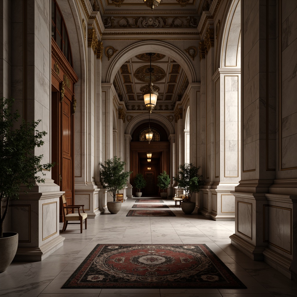 Prompt: Elegant neoclassical facade, ornate columns, carved stone details, textured stucco finishes, grandiose entranceways, sweeping arches, intricate moldings, richly patterned rugs, luxurious marble floors, polished wooden paneling, gilded accents, subtle color palette, dramatic chiaroscuro lighting, soft focus blur, 1/2 composition, atmospheric perspective, detailed textures, cinematic depth of field.