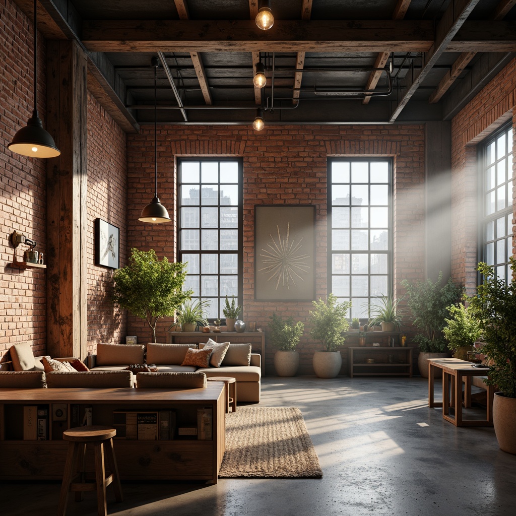 Prompt: Exposed brick walls, metal beams, reclaimed wood accents, industrial chic decor, minimalist lighting fixtures, Edison bulb pendant lights, metal shade lamps, concrete floors, urban loft atmosphere, high ceilings, large windows, natural daylight, warm ambient glow, softbox lighting, 1/2 composition, low-key shadows, realistic textures, atmospheric fog.