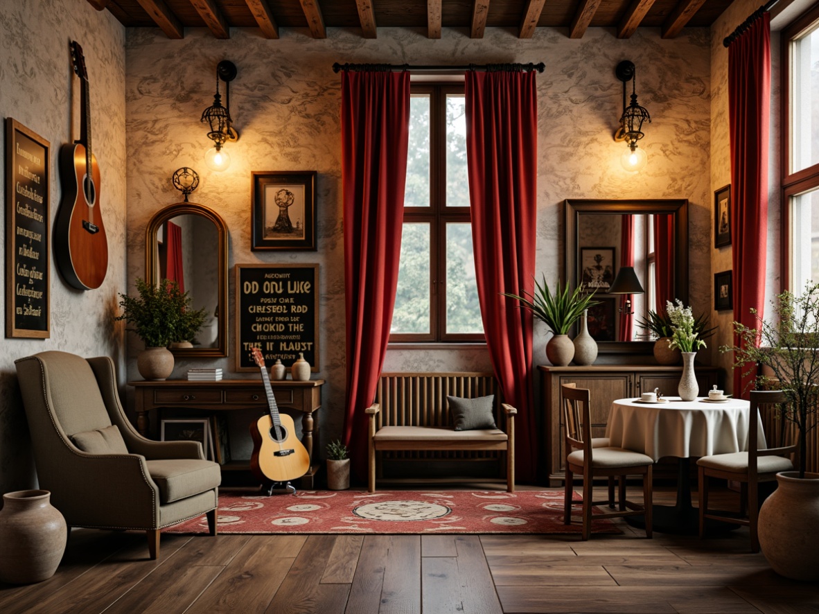 Prompt: Rustic stone walls, distressed wooden accents, soft warm lighting, ornate metal chandeliers, vintage music instruments, acoustic guitar decorations, classic vinyl records, rich red velvet drapes, antique furniture pieces, natural linen textiles, earthy terracotta vases, French script typography, aged wooden floorboards, ornate mirrors, candlelit ambiance, 1/2 composition, shallow depth of field, warm color palette.