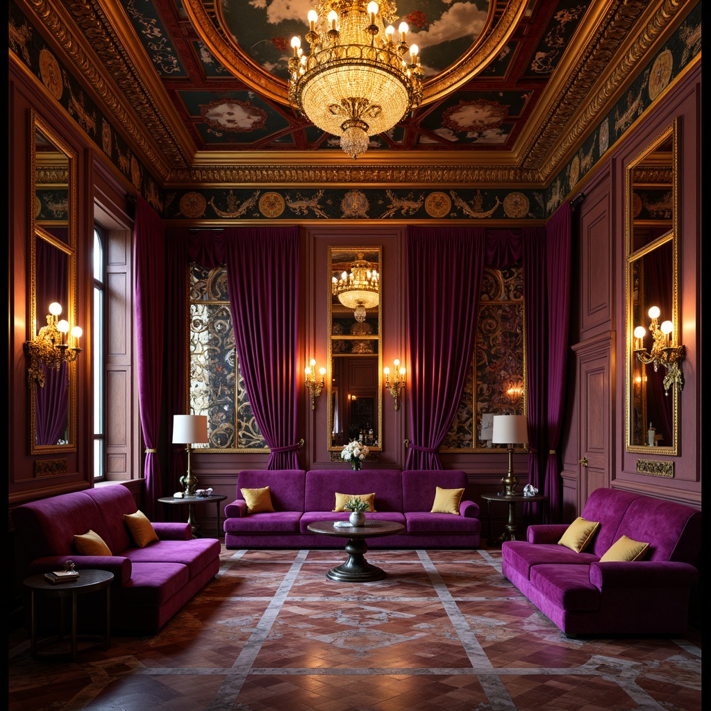 Prompt: Luxurious velvet fabrics, rich jewel tones, warm golden lighting, ornate carvings, grandiose chandeliers, opulent marble floors, intricate fresco ceilings, lavish drapery, regal purple accents, sumptuous crimson hues, gilded frames, ornamental mirrors, dramatic shadows, 1/2 composition, low-key lighting, cinematic atmosphere.