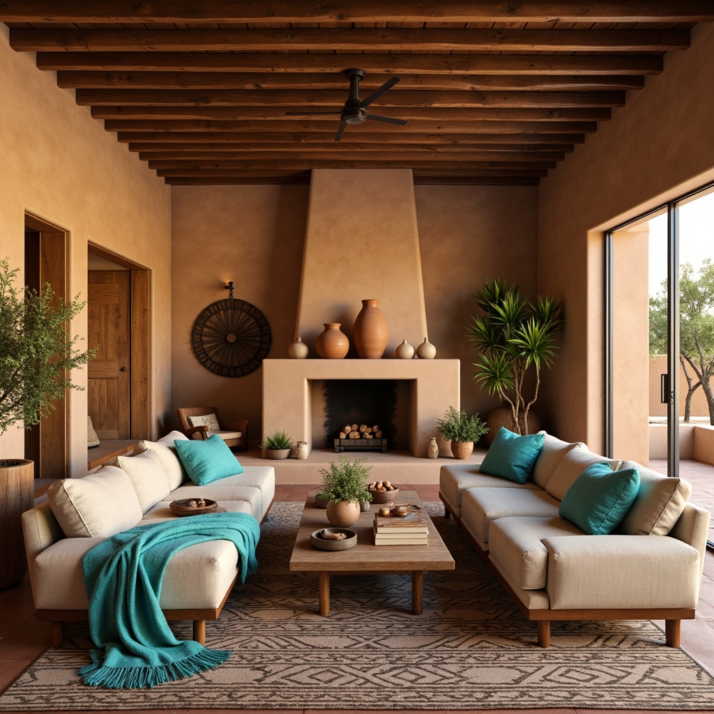 Prompt: Southwestern living room, earthy tone walls, wooden beams, rustic furniture, plush sofas, vibrant turquoise accents, woven Native American-inspired textiles, geometric patterned rugs, natural stone fireplaces, clay pottery vases, desert botanicals, warm golden lighting, 1/1 composition, shallow depth of field, realistic textures.