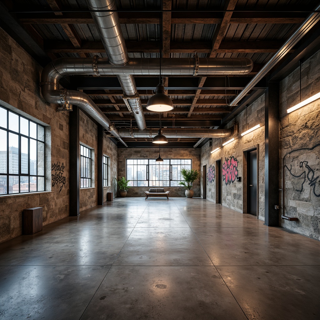 Prompt: Exposed ductwork, polished concrete floors, weathered steel beams, industrial-chic lighting fixtures, reclaimed wood accents, rough-hewn stone walls, distressed metal cladding, urban graffiti, cityscape views, moody atmospheric lighting, high-ceilinged open spaces, functional minimalism, brutalist architectural elements, raw unfinished textures, utilitarian decor, mechanistic aesthetics, metallic color palette, bold geometric compositions, dramatic shadows, low-angle photography.