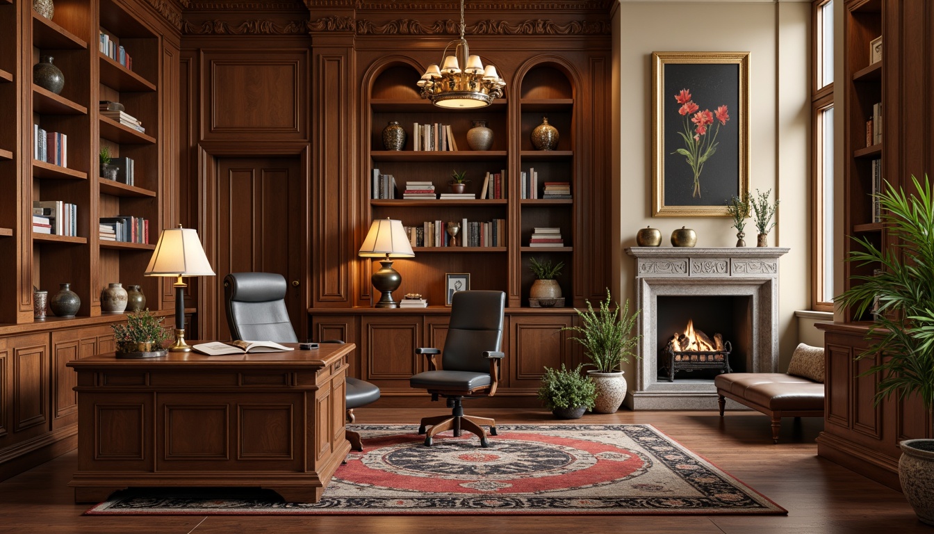 Prompt: Rich wood tones, ornate carvings, comfortable ergonomic chair, stately executive desk, leather-bound books, classic lamp fixtures, soft warm lighting, neutral beige walls, plush area rug, framed oil paintings, elegant vases, subtle gold accents, intricate molding details, traditional furniture silhouettes, cozy reading nook, natural stone fireplace, sophisticated color palette, realistic wood textures, shallow depth of field, 3/4 composition, classic camera angle.