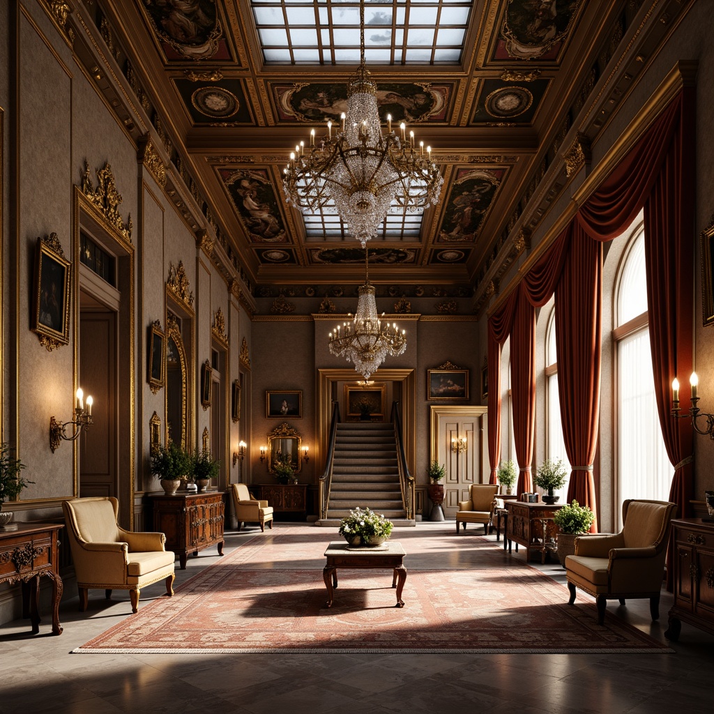 Prompt: Ornate palace, lavish furnishings, intricately carved wooden furniture, velvet drapes, golden accents, ornamental mirrors, crystal chandeliers, rich tapestries, marble floors, grandiose staircases, Baroque-style architecture, classical columns, luxurious fabrics, subtle warm lighting, shallow depth of field, 2/3 composition, realistic textures, ambient occlusion.