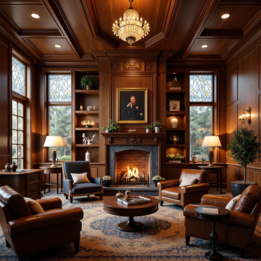 Prompt: Cozy game room, traditional wooden paneling, rich leather furniture, warm lighting, ornate wooden cabinets, vintage gaming consoles, classic board games, stained glass windows, leaded glass doors, prismatic chandeliers, crystal glass vases, intricate glass mosaics, warm wood tones, soft carpet flooring, plush armchairs, rustic stone fireplace, dramatic ceiling height, 1/1 composition, softbox lighting, realistic textures, ambient occlusion.