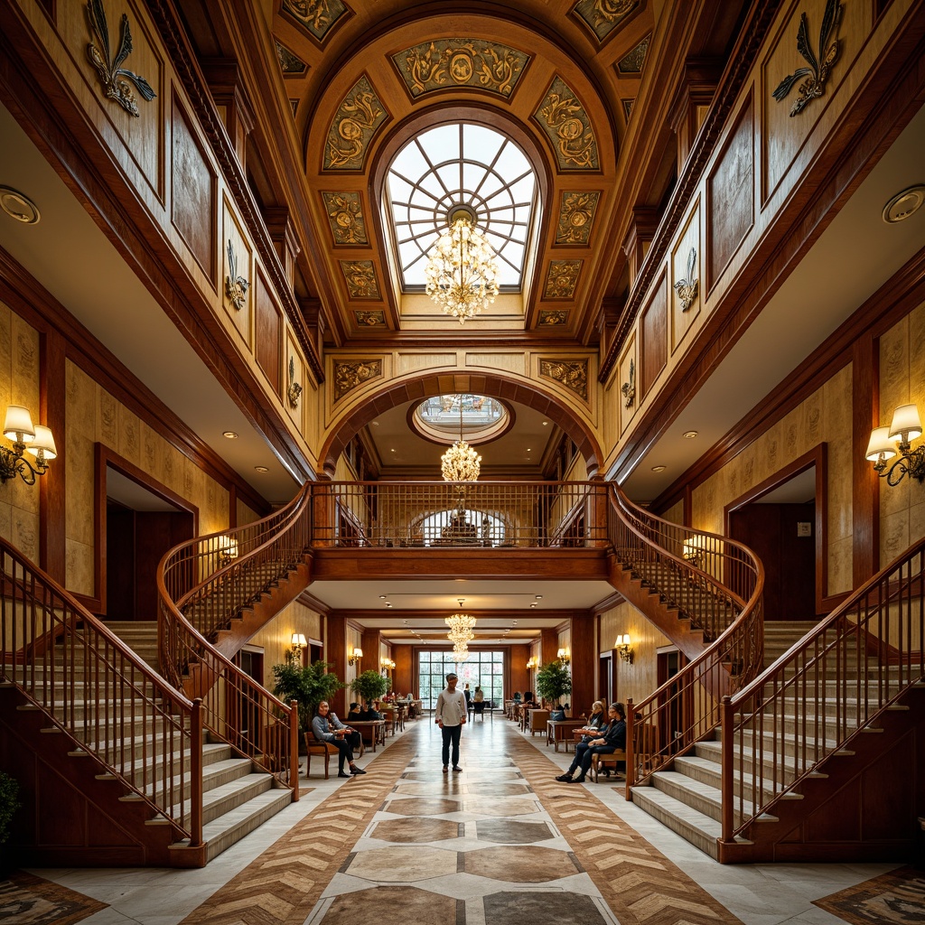 Prompt: Luxurious school interior, ornate details, metallic accents, geometric patterns, chevron designs, zigzag motifs, sunburst decorations, stylized florals, bold typography, rich wood paneling, polished marble floors, grand staircases, sweeping curves, lavish chandeliers, warm golden lighting, 1/2 composition, shallow depth of field, soft focus, realistic textures, ambient occlusion.