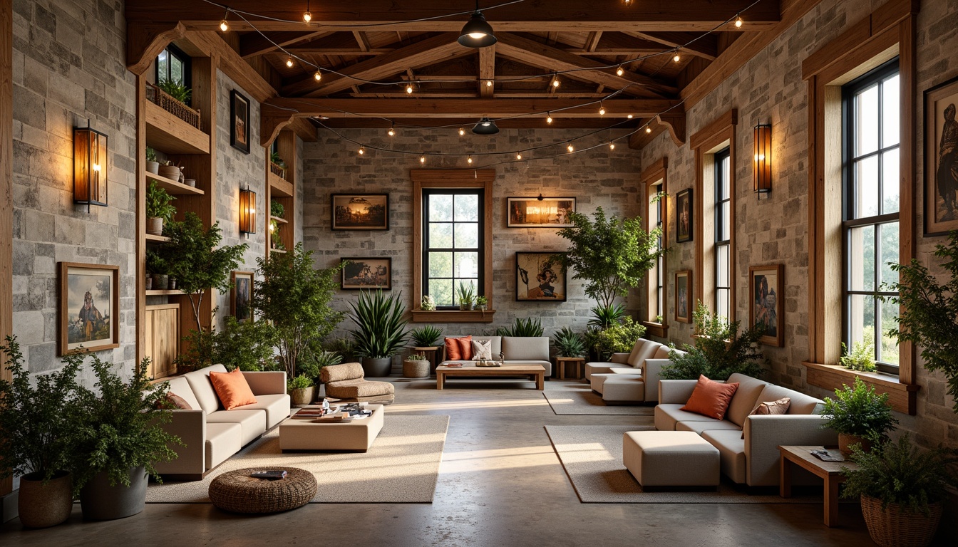 Prompt: Rustic youth center, farmhouse design, reclaimed wood accents, vintage metal decorations, earthy tone colors, natural stone walls, wooden beam ceilings, cozy reading nooks, comfortable couches, vibrant greenery, potted plants, warm string lights, soft warm lighting, shallow depth of field, 3/4 composition, panoramic view, realistic textures, ambient occlusion.