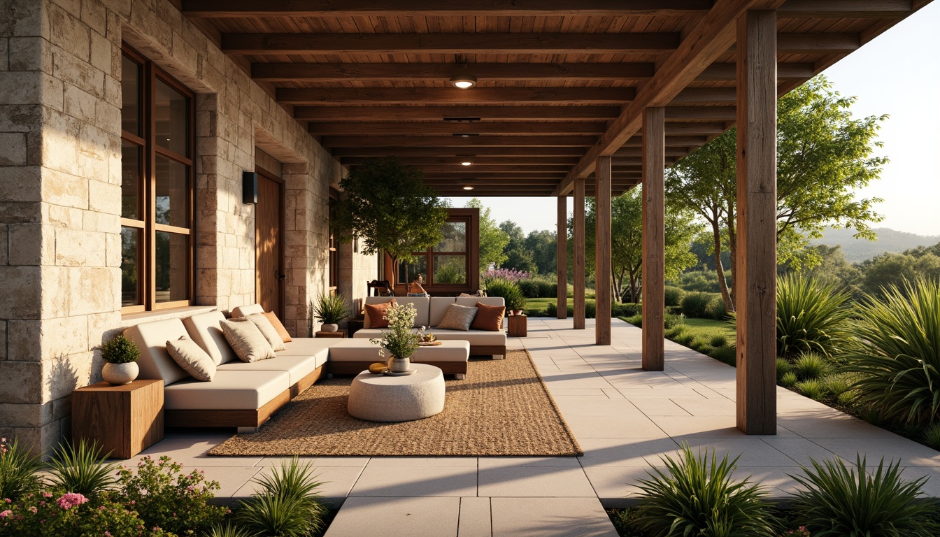 Prompt: Rustic modern villa, textured stone walls, earthy tones, natural materials, wooden accents, cozy atmosphere, warm lighting, shallow depth of field, 1/1 composition, realistic renderings, ambient occlusion, lush greenery, blooming flowers, serene landscape, sunny afternoon, soft shadows.