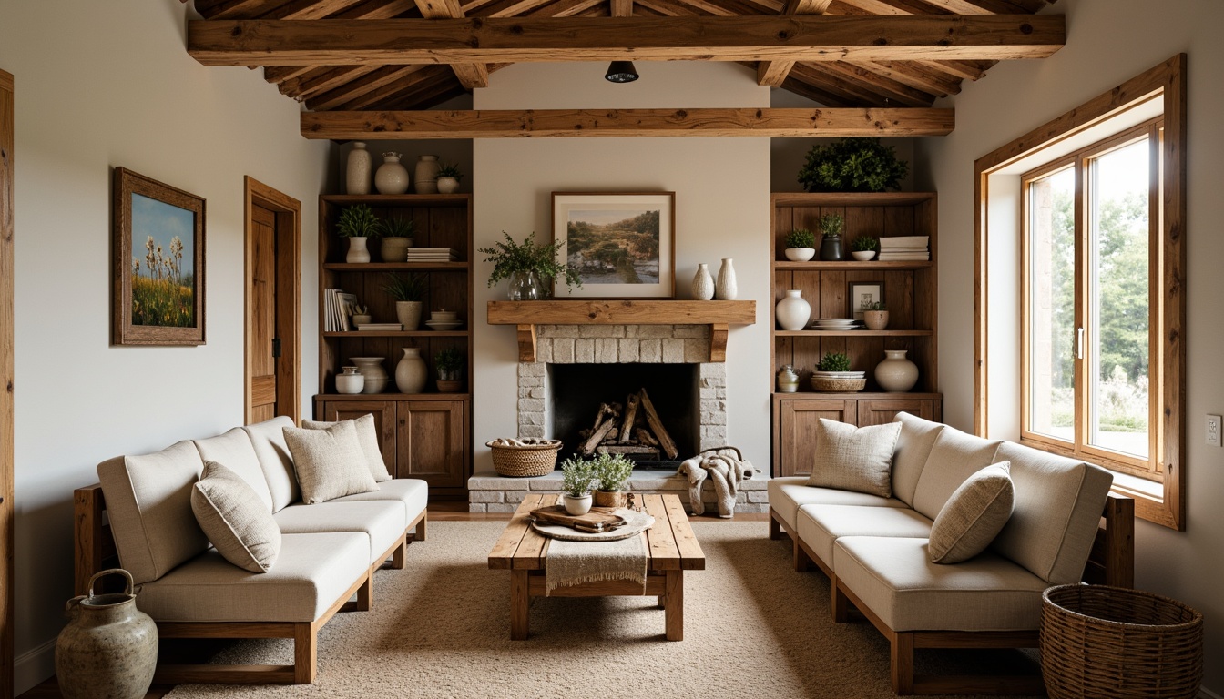 Prompt: Rustic farmhouse interior, vintage wooden furniture, distressed finishes, natural fabrics, plush cushions, warm lighting, earthy color palette, reclaimed wood accents, metal hardware, antique decor, woven baskets, potted plants, country-style kitchenware, ceramic vases, wooden beams, stone fireplace, cozy reading nook, soft blankets, natural textiles, warm beige tones, comfortable seating, decorative pillows, farmhouse-inspired wall art, nature-inspired accessories.