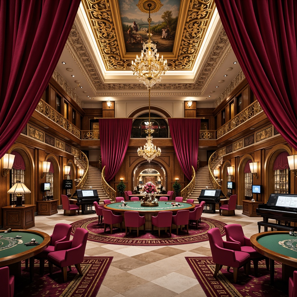 Prompt: Luxurious casino interior, rich velvet drapes, ornate golden chandeliers, lavish marble floors, intricately carved wooden panels, plush red armchairs, antique bronze statues, opulent crystal glassware, grand pianos, intricate fresco ceilings, warm ambient lighting, dramatic archways, regal purple accents, classic oil paintings, ornate mirrors, lavish flower arrangements, sophisticated lounge areas, elegant spiral staircases.