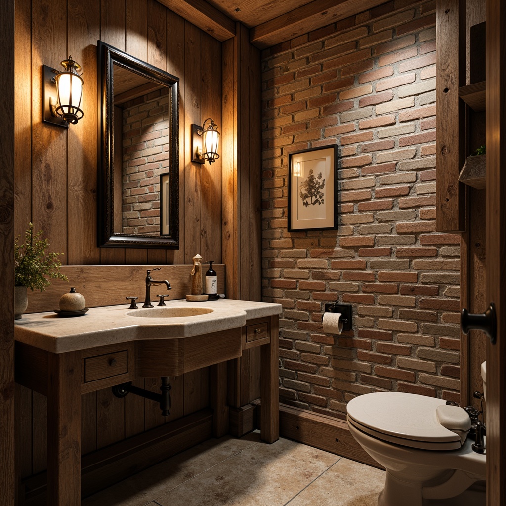 Prompt: Rustic powder room, distressed wood accents, vintage metal fixtures, earthy color palette, natural stone countertops, ornate mirrors, elegant lighting sconces, stylish faucets with copper finishes, worn brick walls, decorative ceramic tiles, warm ambient lighting, soft focus photography, 1/1 composition, high-contrast rendering, detailed textures, subtle atmospheric effects.