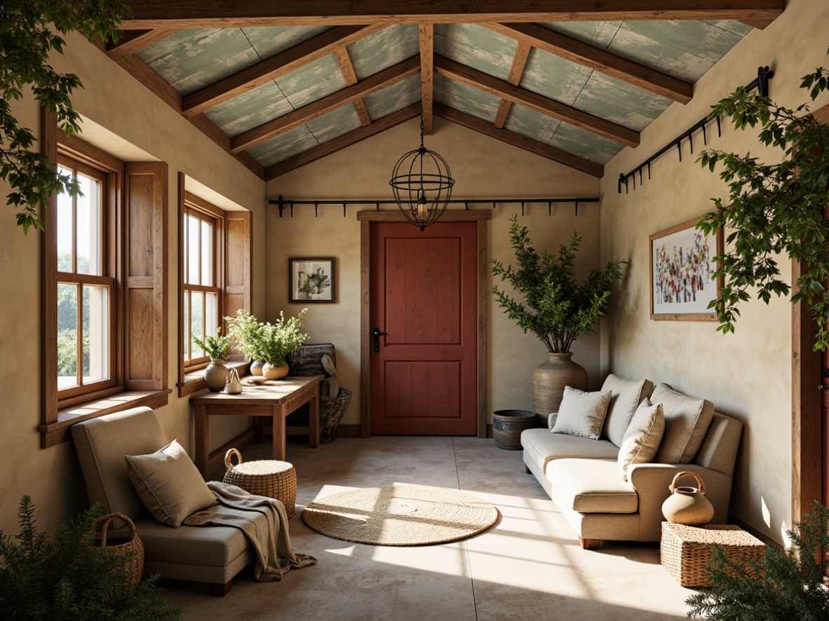 Prompt: Rustic farmhouse, vintage decor, earthy tones, warm beige walls, distressed wood accents, soft sage greenery, weathered metal roofs, faded red barn doors, natural linen fabrics, woven baskets, ceramic vases, antique furniture pieces, soft candlelight, cozy atmosphere, shallow depth of field, 1/1 composition, realistic textures, ambient occlusion.