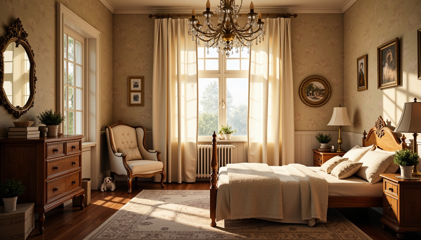 Prompt: Whimsical children's bedroom, vintage Victorian-era inspired decor, soft warm glow, ornate metal chandeliers, delicate crystal pendants, creamy white lampshades, rich wood tones, plush area rugs, lace-trimmed curtains, antique furniture pieces, intricate carvings, floral patterns, pastel color palette, gentle morning light, subtle shadowing, 1/2 composition, shallow depth of field, warm golden lighting.