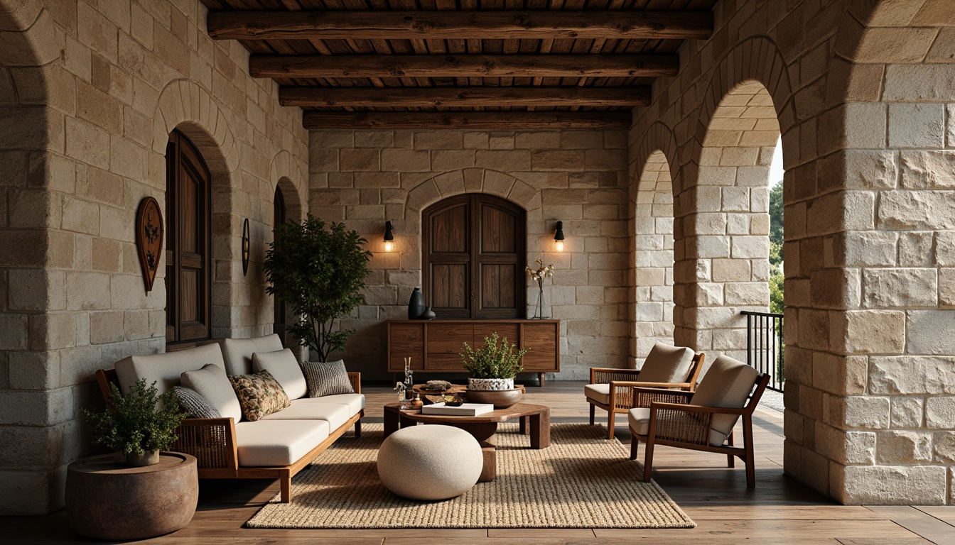 Prompt: Rustic stone walls, weathered wooden accents, distressed metal surfaces, earthy tone color palette, natural fiber textiles, woven rattan furniture, reclaimed wood flooring, rough-hewn stone columns, organic shapes, asymmetrical compositions, moody atmospheric lighting, soft focus blur, shallow depth of field, 2/3 composition, cinematic perspective, realistic material renderings, ambient occlusion.