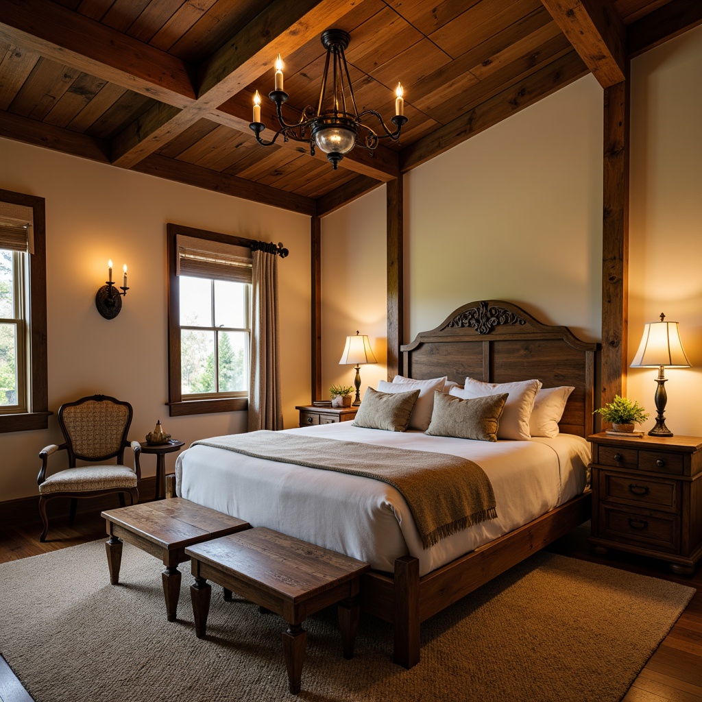 Prompt: Cozy Craftsman-style bedroom, warm wooden accents, rich earthy tones, soft candlelight glow, wrought iron chandeliers, rustic metal lanterns, vintage bronze sconces, creamy white shades, linen-textured fabrics, natural woven fibers, distressed wood furniture, plush area rugs, tranquil atmosphere, relaxing ambiance, warm beige walls, dark wood trim, ornate wooden ceiling beams, subtle warm lighting, soft shadows, 1/2 composition, intimate view.