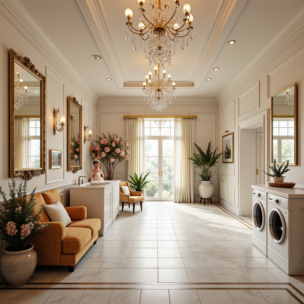 Prompt: Luxurious laundry space, soft pastel hues, creamy whites, rich gold accents, ornate mirrors, delicate florals, velvet textiles, intricate moldings, crystal chandeliers, warm ambient lighting, shallow depth of field, 1/1 composition, realistic reflections, subtle gradient maps.